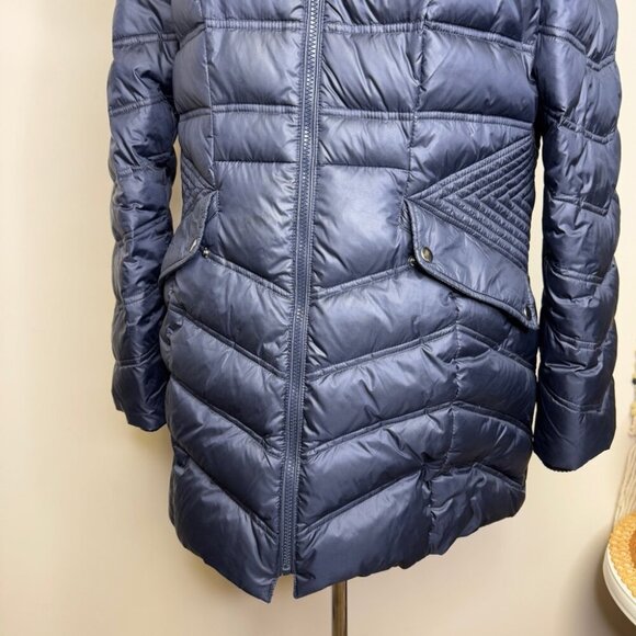 Cleo Navy Blue Long Feather Down Puffer Coat with Faux Fur Hood - Picture 4 of 15